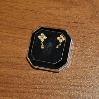 Floral Inspired Gold Earrings with Pink Stone & Hanging Drop