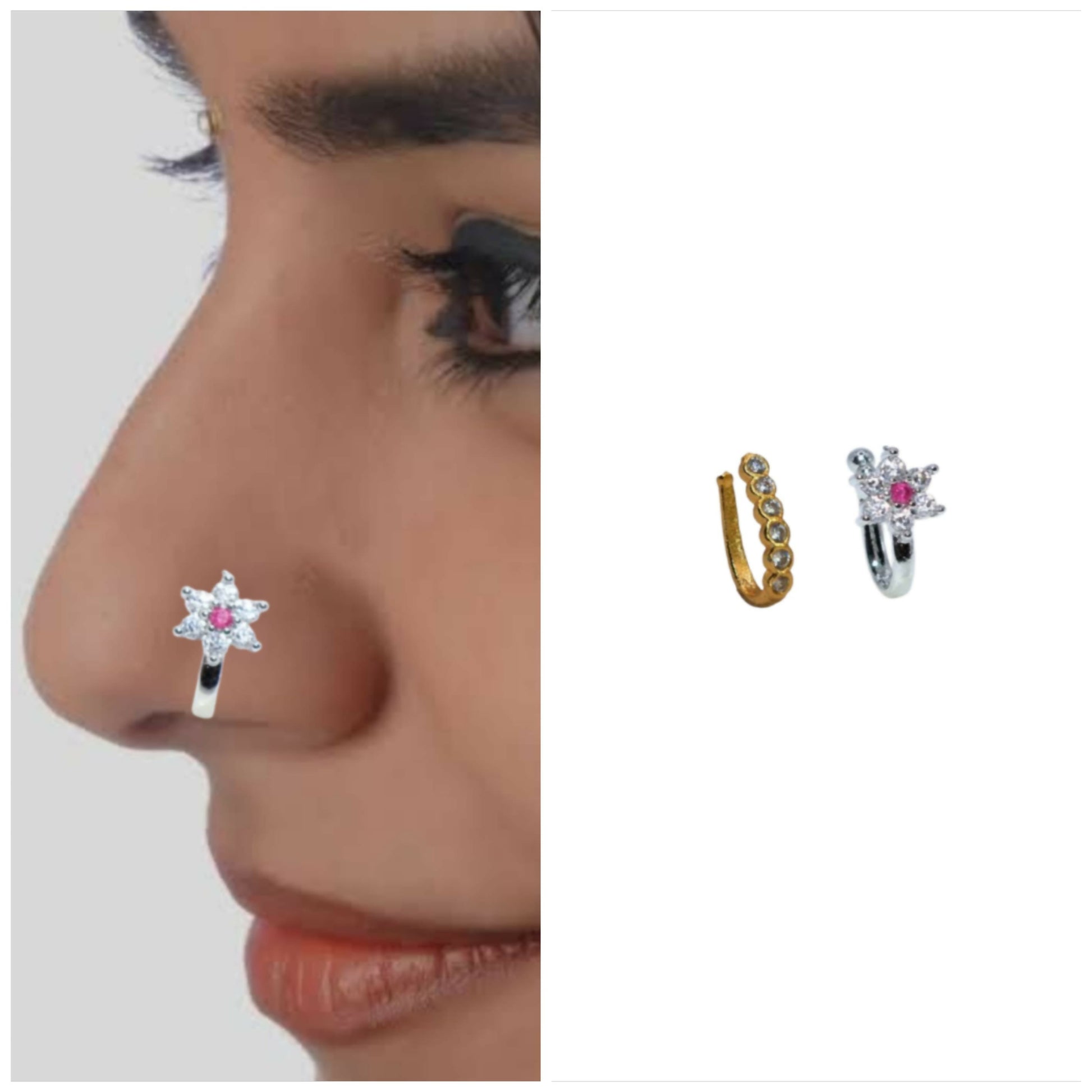 Non-Piercing CZ Nose Clip Set - Flower & Gold Pave Hoop Combo Pack of 2