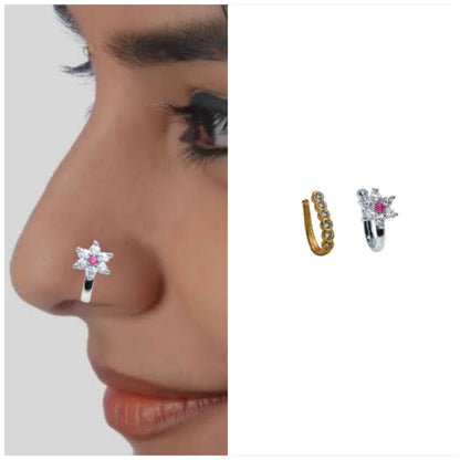 Non-Piercing CZ Nose Clip Set - Flower & Gold Pave Hoop Combo Pack of 2
