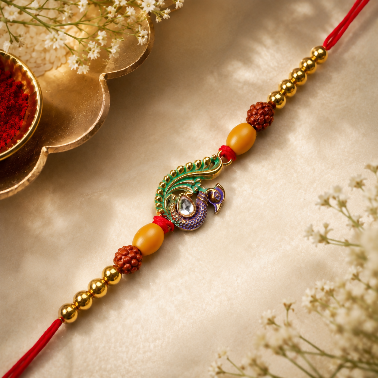 A colorful peacock design, embellished with a clear gem, is the centerpiece of a thread adorned with golden and
