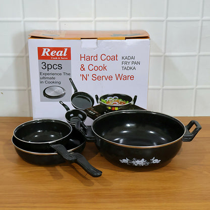 Hard Anodized Cookware Set Kadhai Fry Pan Tadka Pan Heavy Duty Kitchen Set (3 Pc)