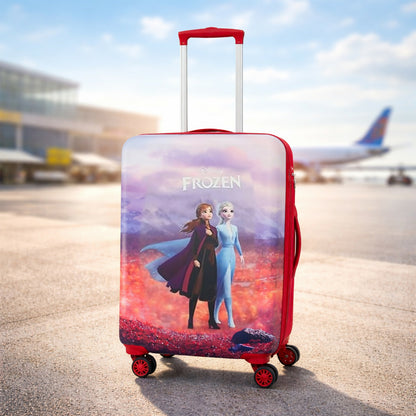 Front view of blue Disney Frozen kids trolley bag for travel and school