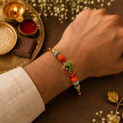 A man's wrist wears a red and gold bracelet with a peacock charm, orange and light green beads, and blue accents, surrounded