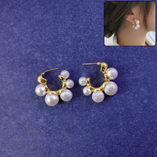 Elegant Pearl Cluster Hoop Earrings for Women – Korean Style Gold Plated Fashion Jewellery