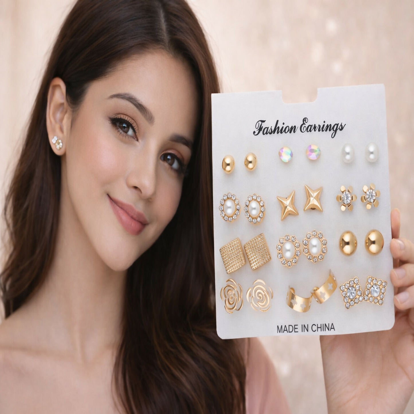 Gold Plated Multi Design Stud Earrings Set for Women & Girls – Fashion Combo Earrings Pack (12 Pairs)