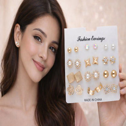 Gold Plated Multi Design Stud Earrings Set for Women & Girls – Fashion Combo Earrings Pack (12 Pairs)