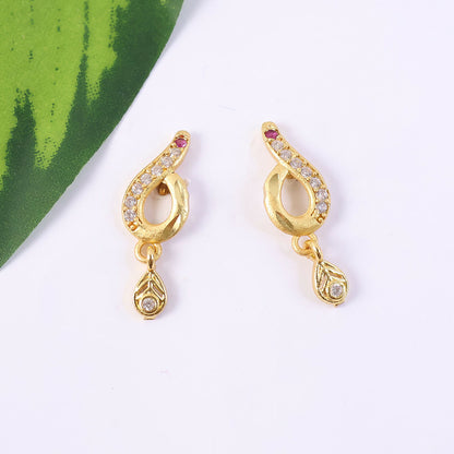 Minimal Curved Leaf Gold Earrings With Crystal Line Work And Small Drop Detailing