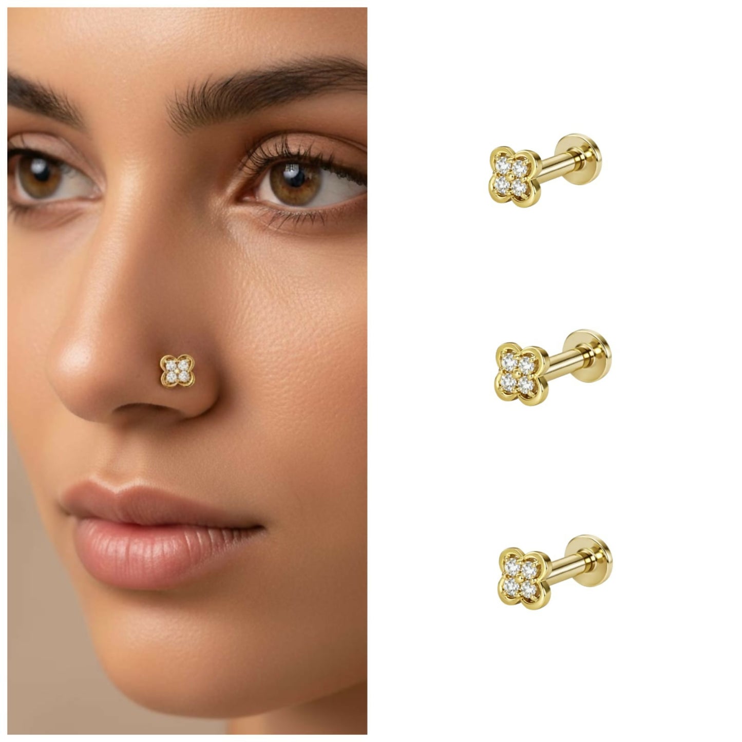 Close-up of Gold Plated Clover Nosepin Stud with sparkling crystals