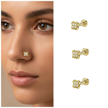Close-up of Gold Plated Clover Nosepin Stud with sparkling crystals