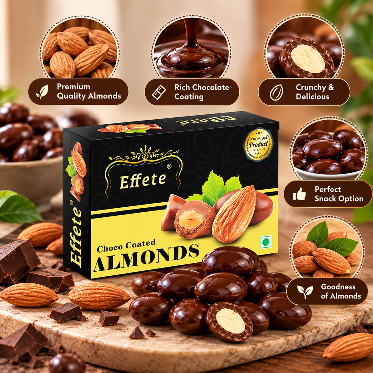 🎁 ₹1 Gift | Effete Choco Coated Almonds – Rich Gourmet Chocolate Treat