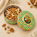 Decorative Round Dry Fruit Box with Peacock Design Lid and Floral Pattern for Storage