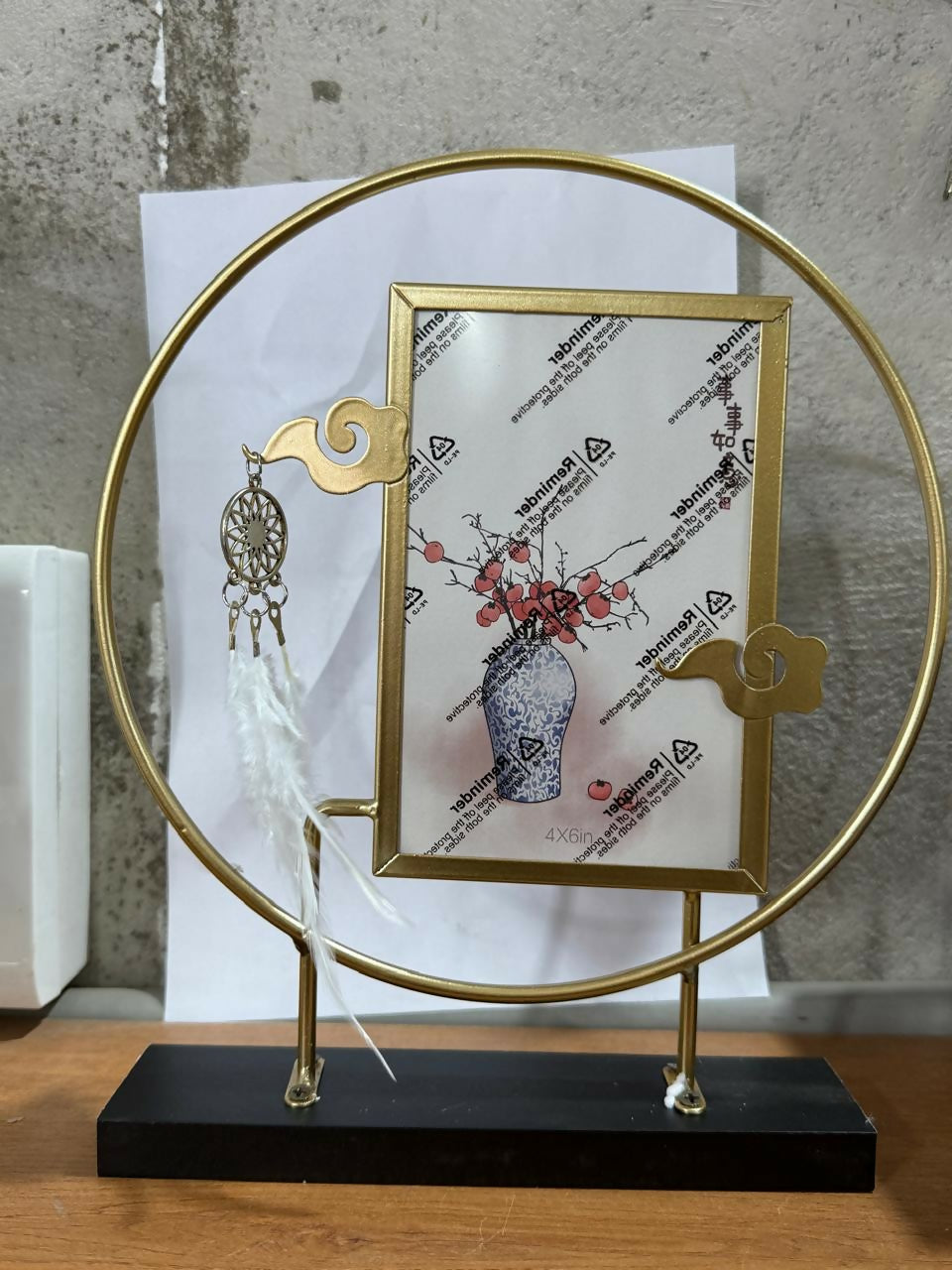 Premium Golden Metal Ring Photo Frame with Dreamcatcher Charm | 4x6 Inch Vertical Decorative Picture Frame for Home Office Table Décor | Artistic Circle Stand Photo Holder for Living Room, Bedroom & Gifting