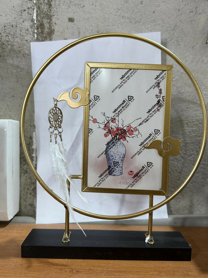 Premium Golden Metal Ring Photo Frame with Dreamcatcher Charm | 4x6 Inch Vertical Decorative Picture Frame for Home Office Table Décor | Artistic Circle Stand Photo Holder for Living Room, Bedroom & Gifting