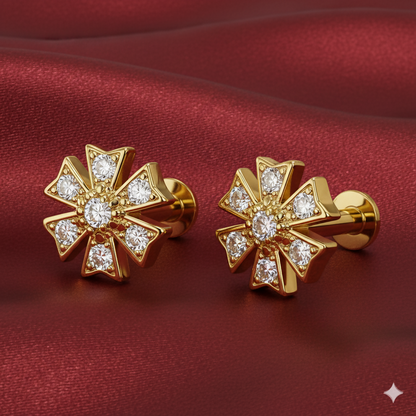 Gold plated floral crystal flat back stud earrings pair with six-petal flower design