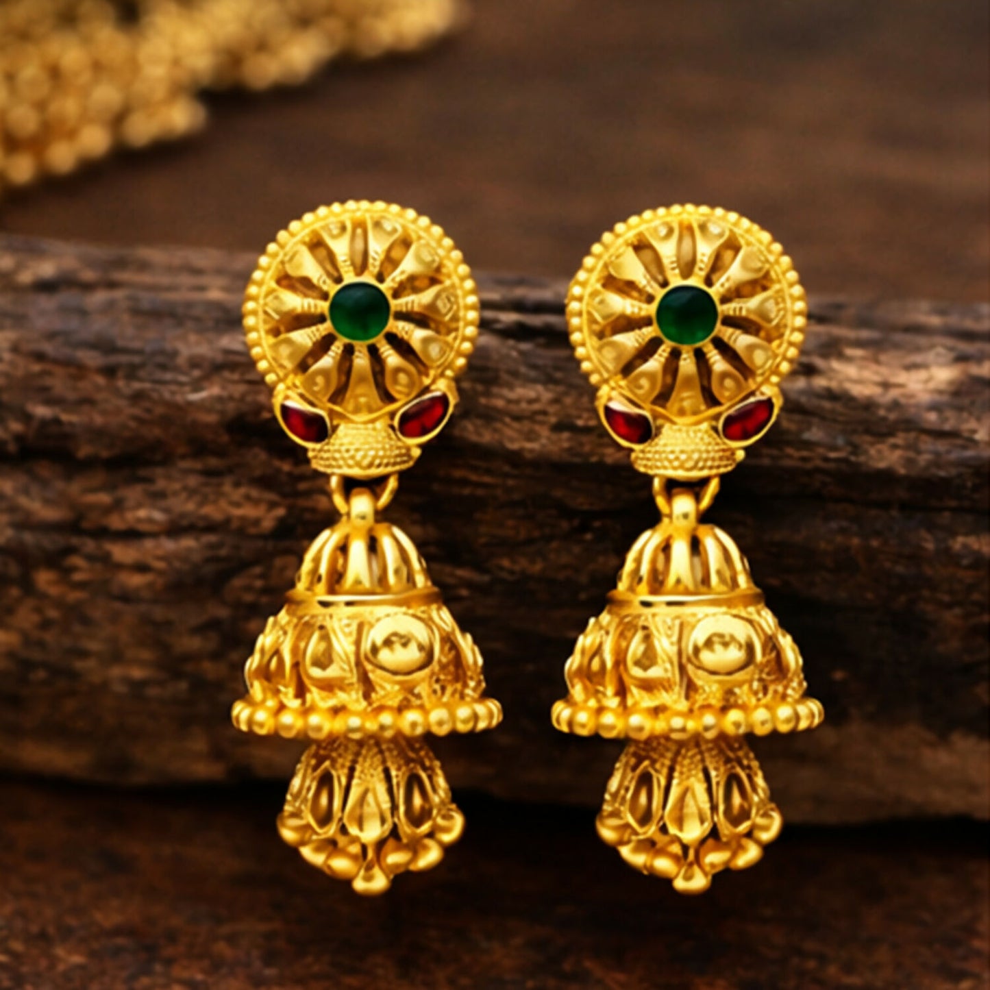 Close-up of elegant gold plated jhumka earrings showcasing intricate pyramid-shaped danglers