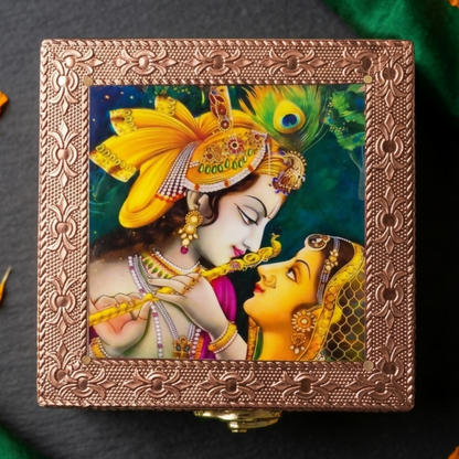 Brass-style clasp securing the Radha Krishna jewelry box