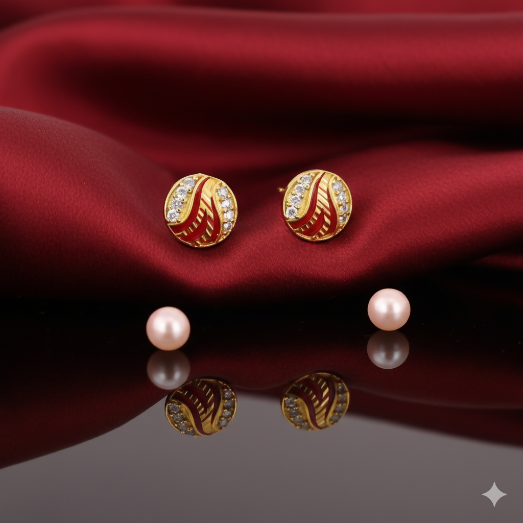 Gold Plated AD Stud Earrings -Round Leaf Design for women and girls
