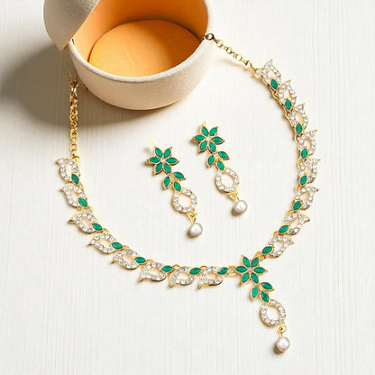 Emerald Green & Crystal Leaf Motif Necklace Set with Pearl Drop