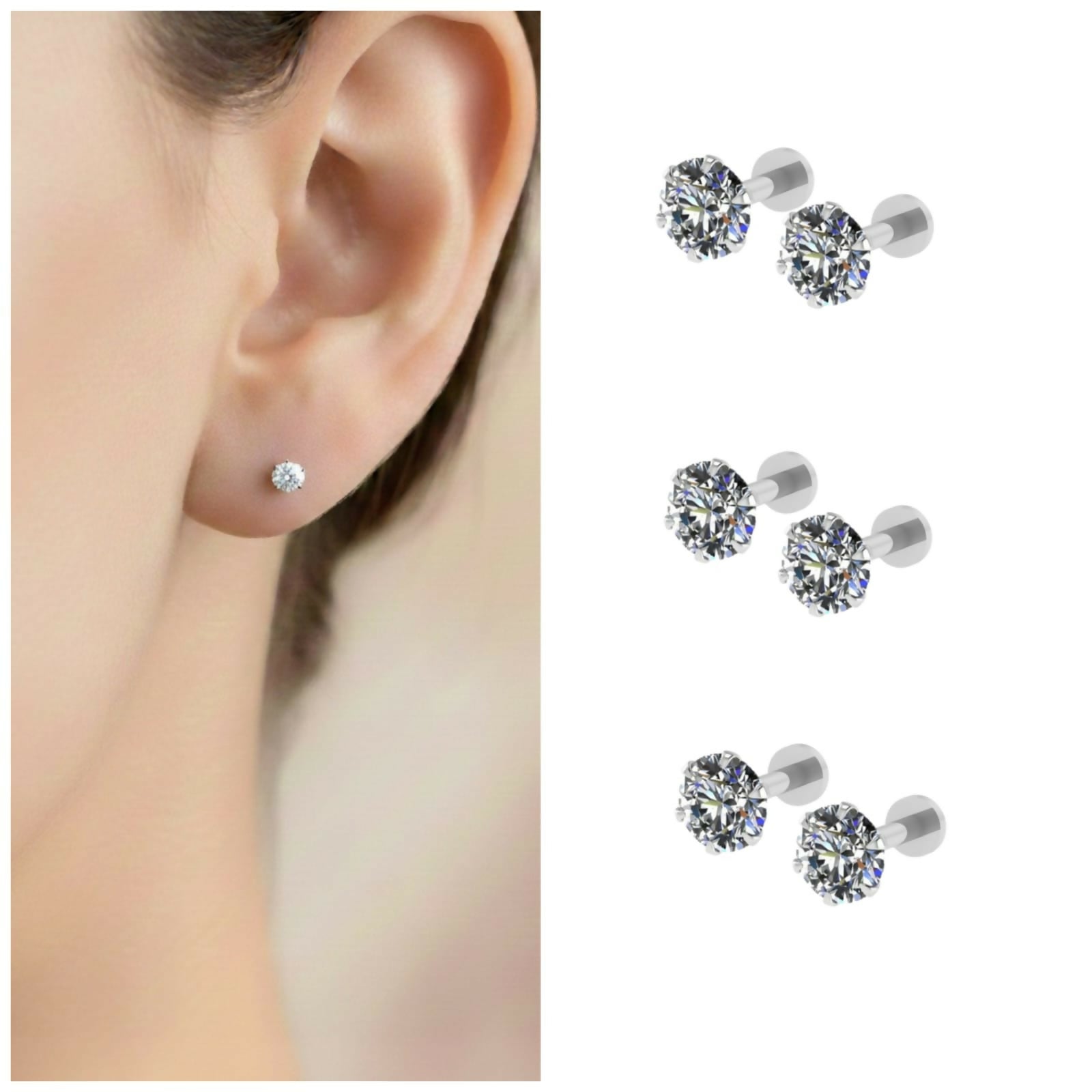Silver plated round CZ stud earrings with flat back design in a combo pack