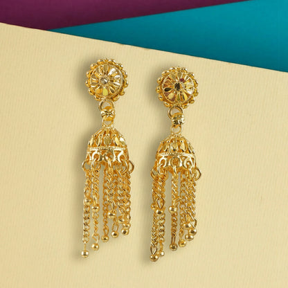 Side view of gold plated tassel jhumka earrings showcasing hanging chains
