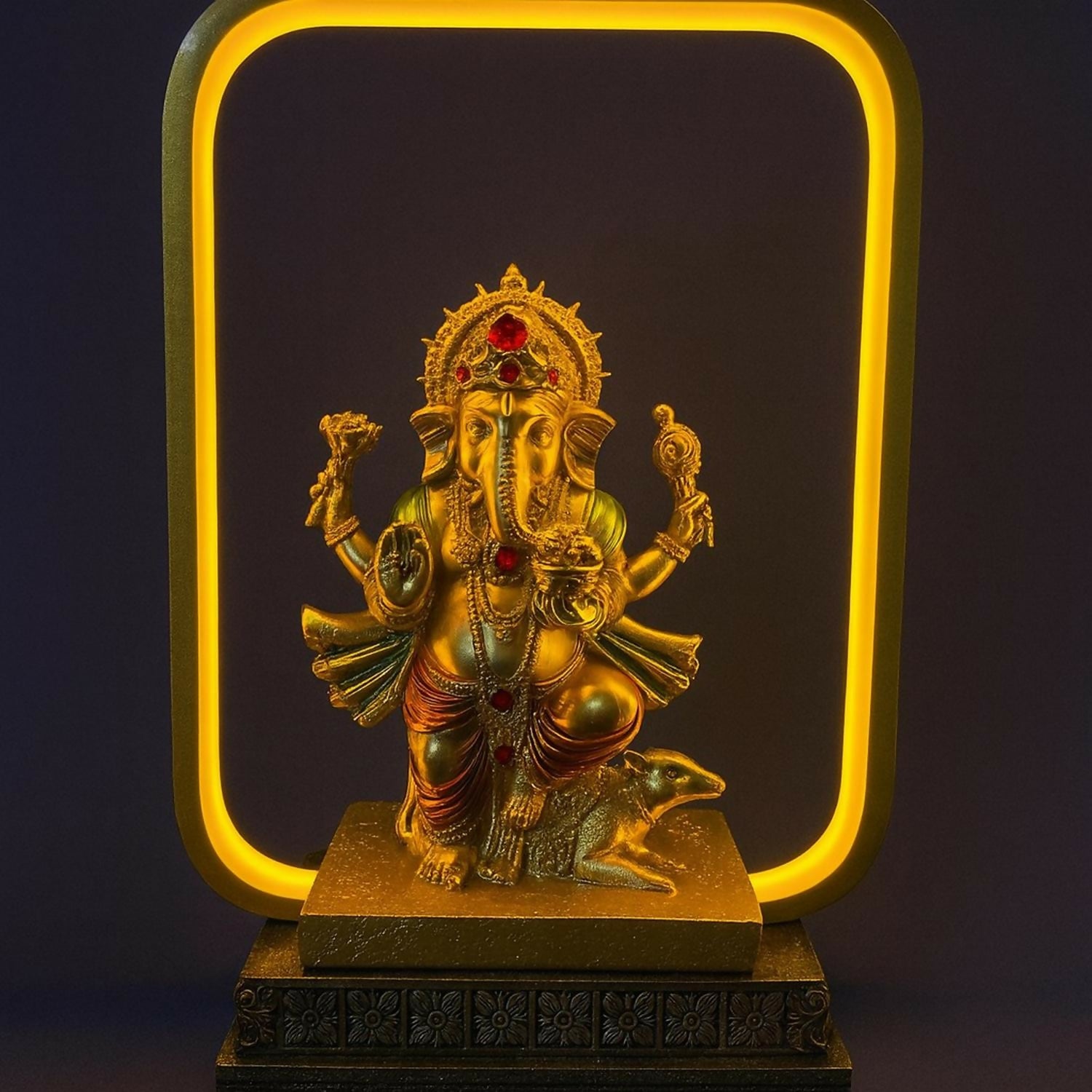 Premium Golden Ganesh Idol LED Night Lamp with Rectangular Frame | Decorative Lord Ganesha Statue with LED Light | Spiritual Home Decor Showpiece for Pooja Room, Office Desk, Living Room & Gift Purpose