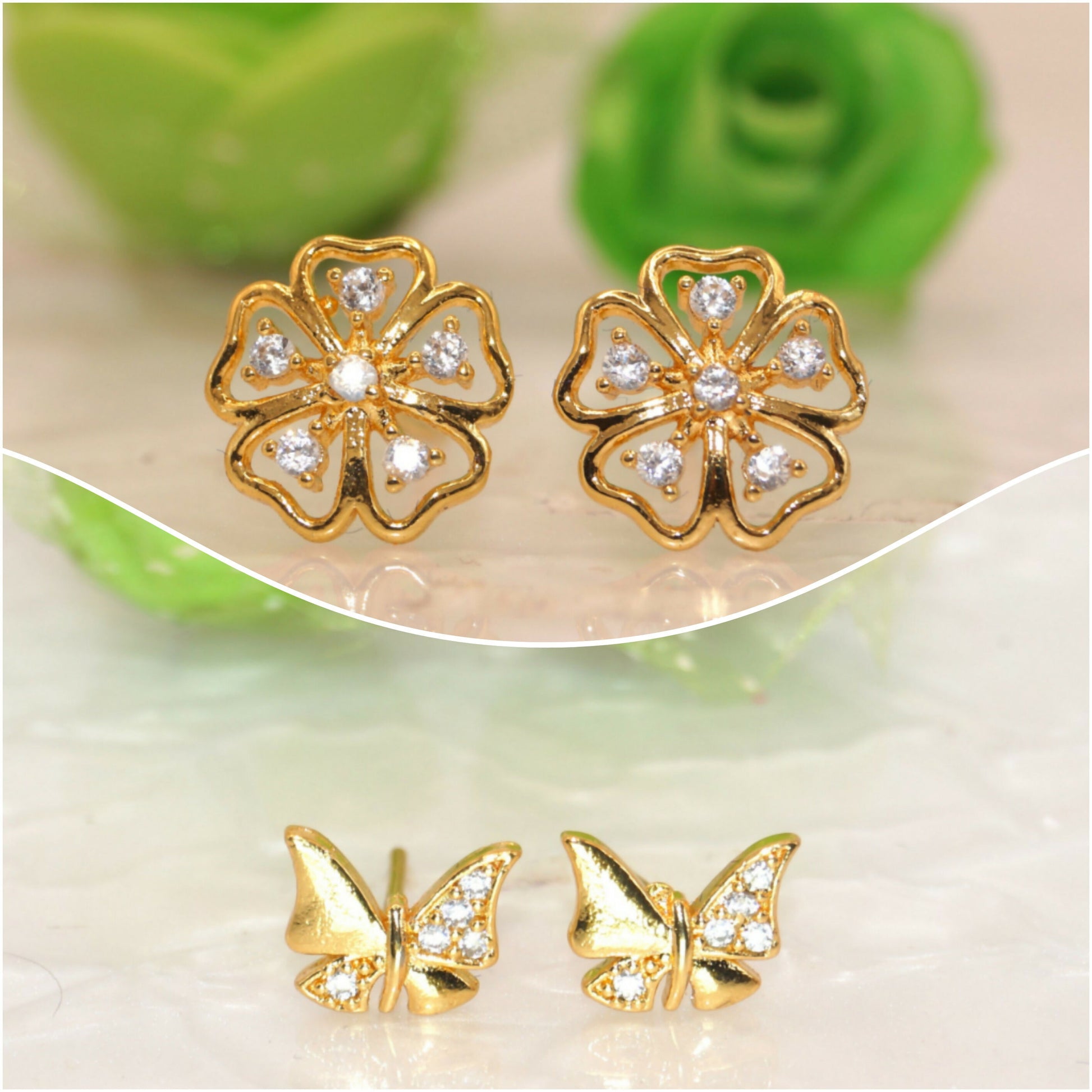 Gold Flower & Butterfly Stud Earrings Set with AD for women & girls Combo Pack of 2