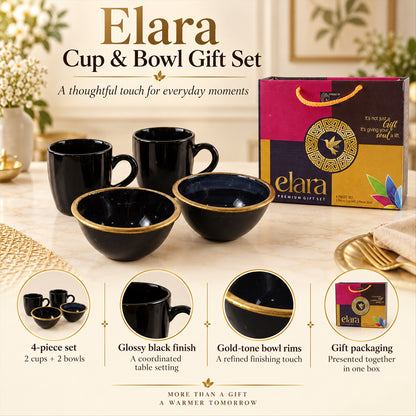 A graphic showing the four-piece black ceramic set, its glossy finish, gold-tone bowl rims, and gift packaging.
