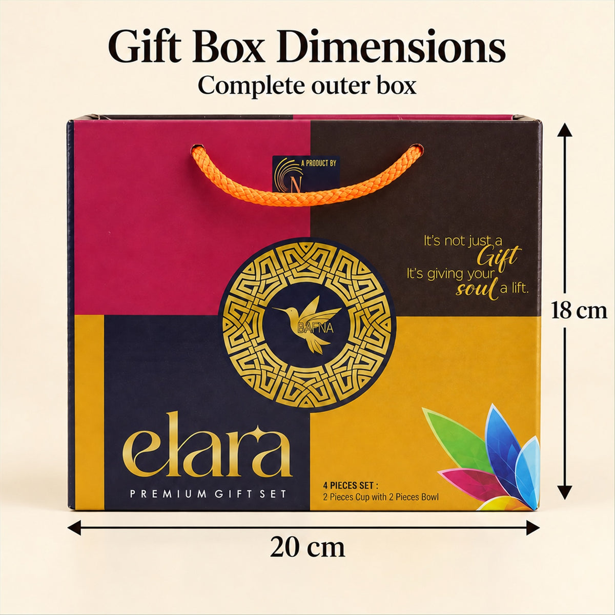 A colorful gift box with a gold bird design is shown with dimensions of 20 cm width and 18 cm height.