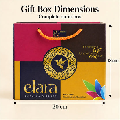 A colorful gift box with a gold bird design is shown with dimensions of 20 cm width and 18 cm height.