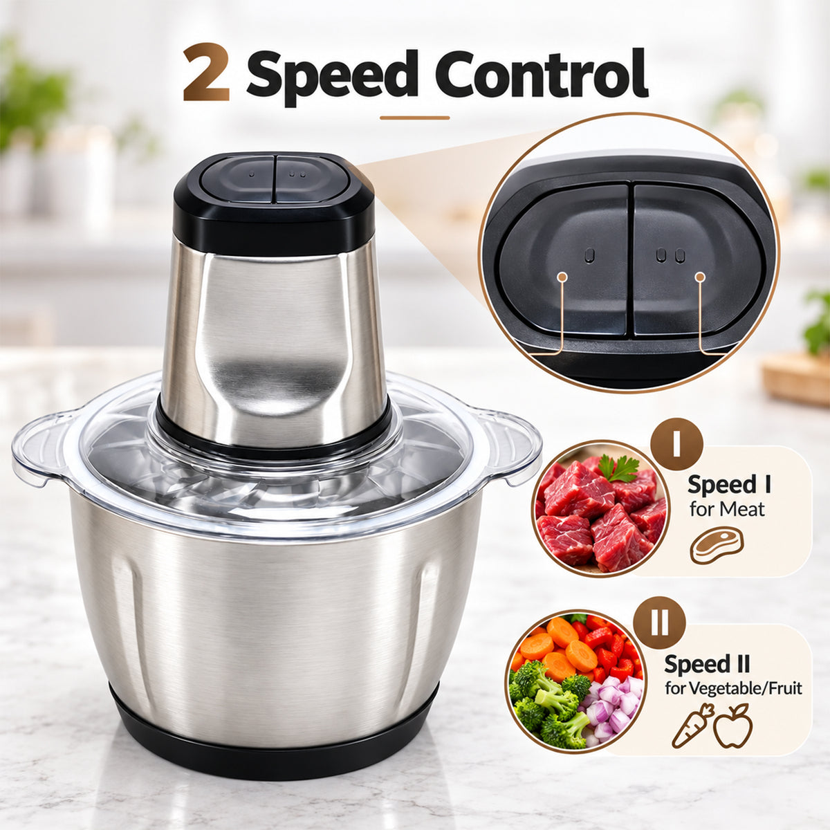 A stainless steel electric food chopper with an inset showing its two speed control buttons for meat and vegetables.