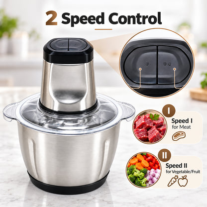 A stainless steel electric food chopper with an inset showing its two speed control buttons for meat and vegetables.