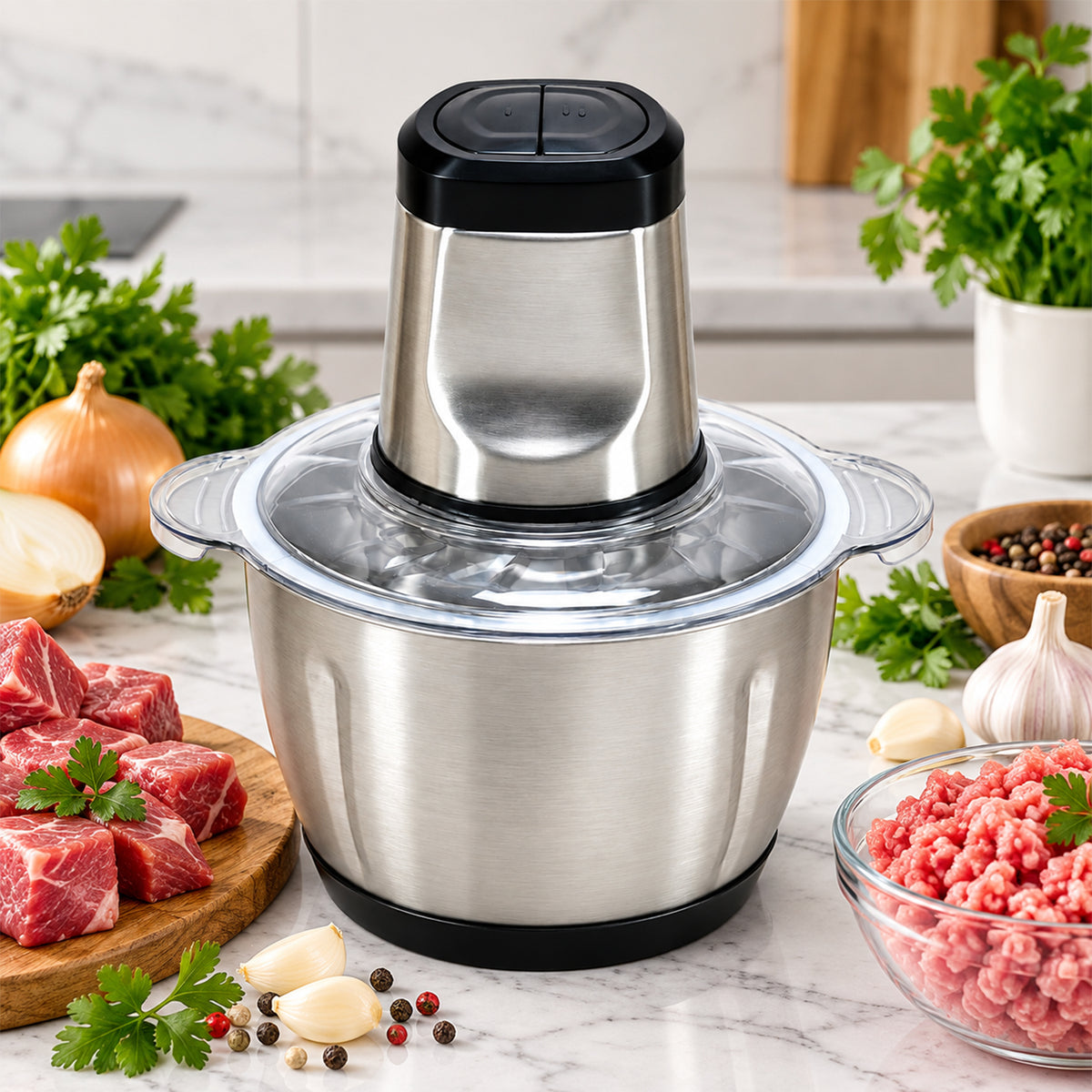 A stainless steel electric food chopper on a kitchen counter surrounded by fresh ingredients like meat, onions, and garlic.