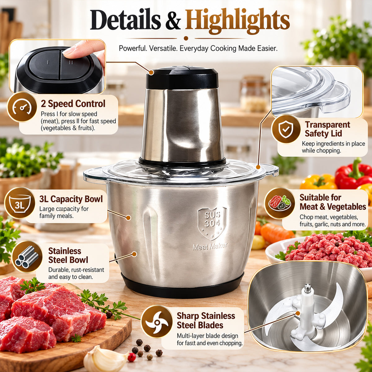 A stainless steel electric food chopper with callouts highlighting its features like capacity, material, and blade design.
