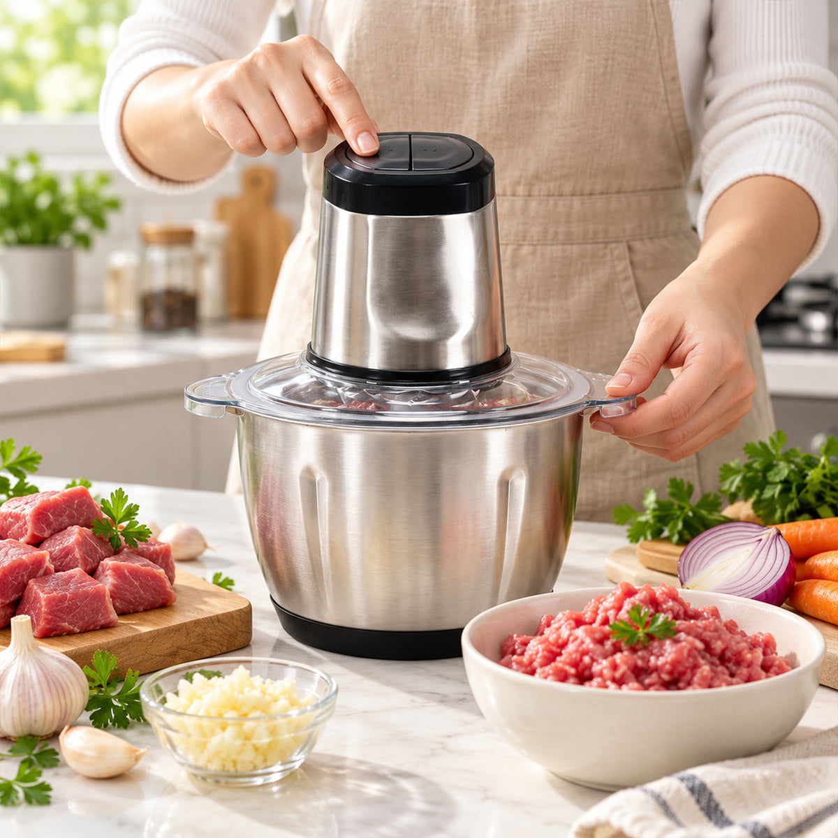 A person's hands operating a stainless steel electric food chopper with ground meat, vegetables, and herbs on a kitchen