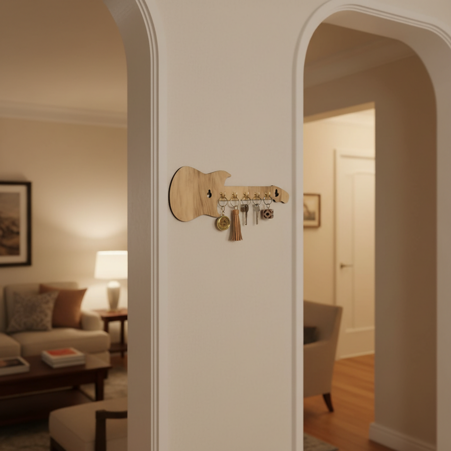 Modern home entryway with wooden guitar key holder