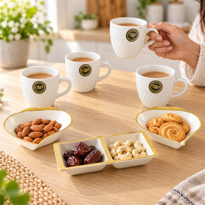 Tea Cup and Snack Serving Set with Leaf Bowls and Divided Dish (7 Pc Set)