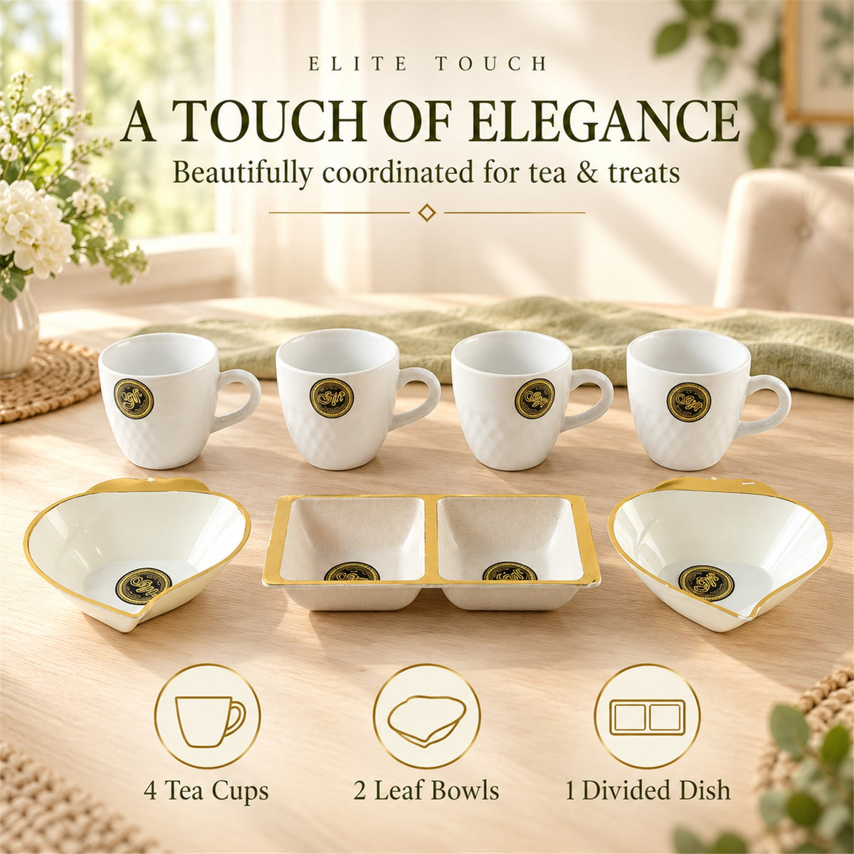 Tea Cup and Snack Serving Set with Leaf Bowls and Divided Dish (7 Pc Set)