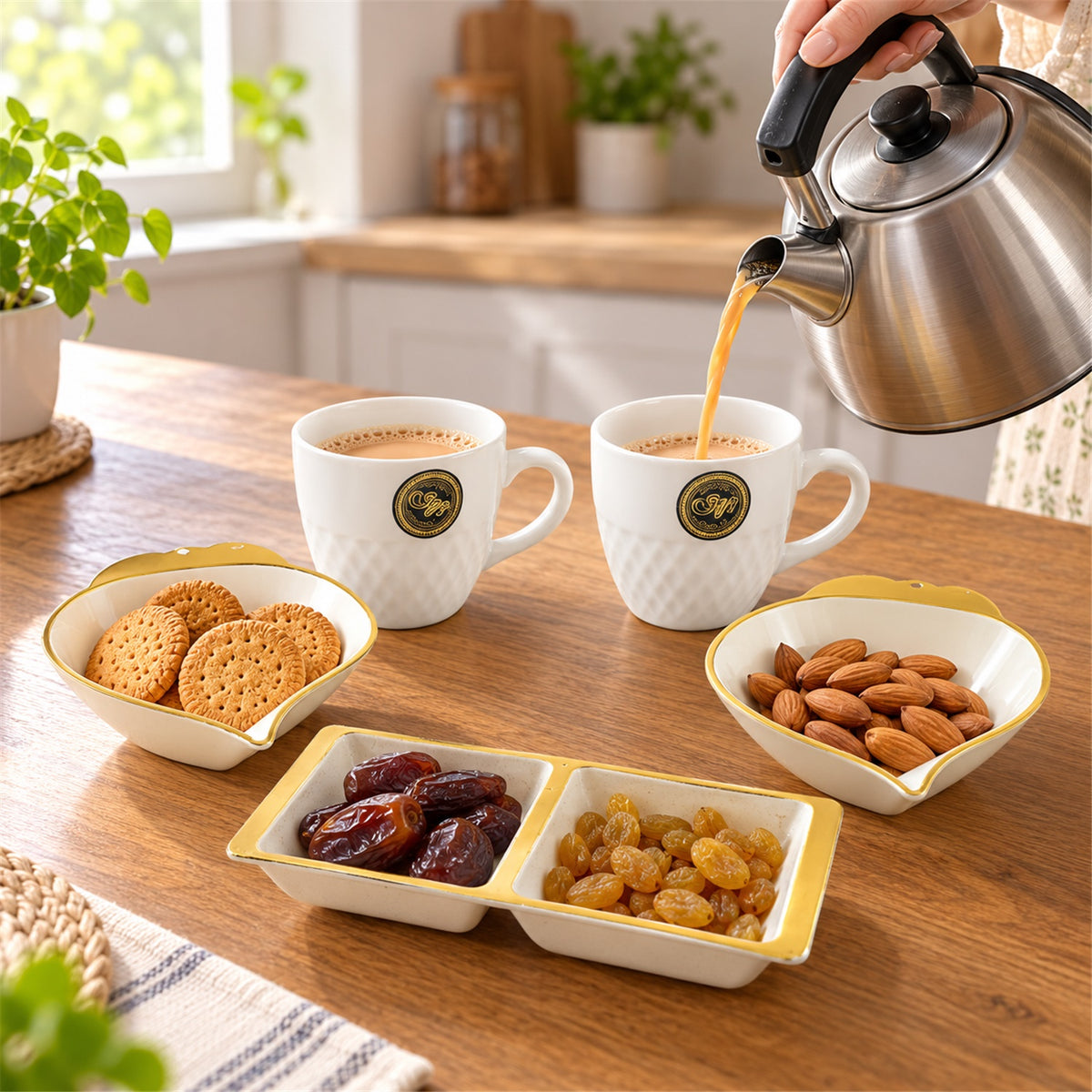 Tea Cup and Snack Serving Set with Leaf Bowls and Divided Dish (7 Pc Set)