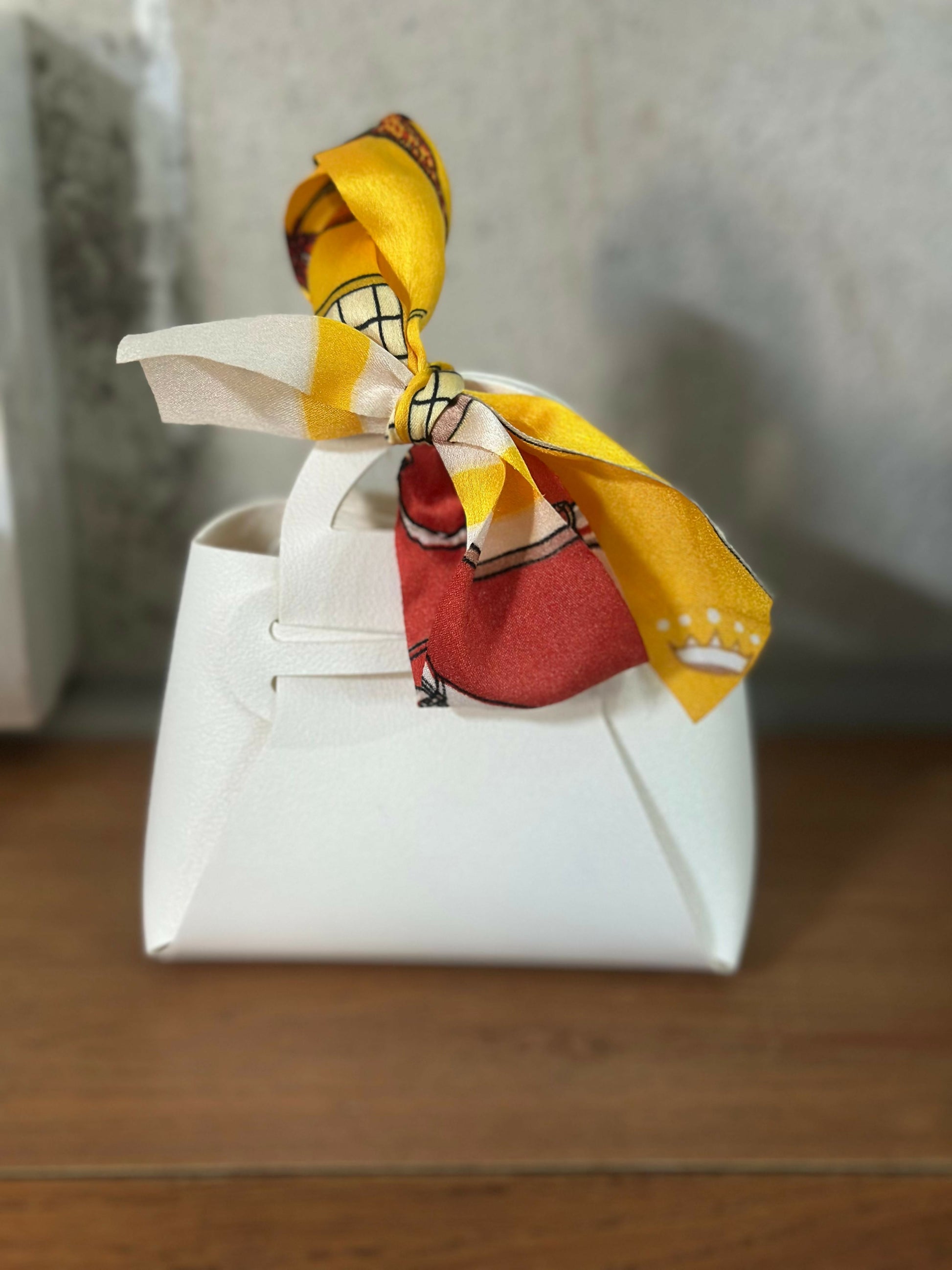 Mini White Handbag with Printed Scarf | Stylish Purse for Women