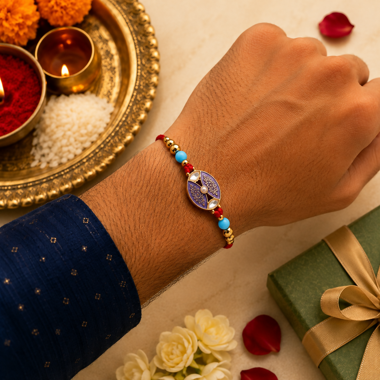A man's arm wears the red thread with its purple and gold oval charm and beads, with a gift box and flowers in the