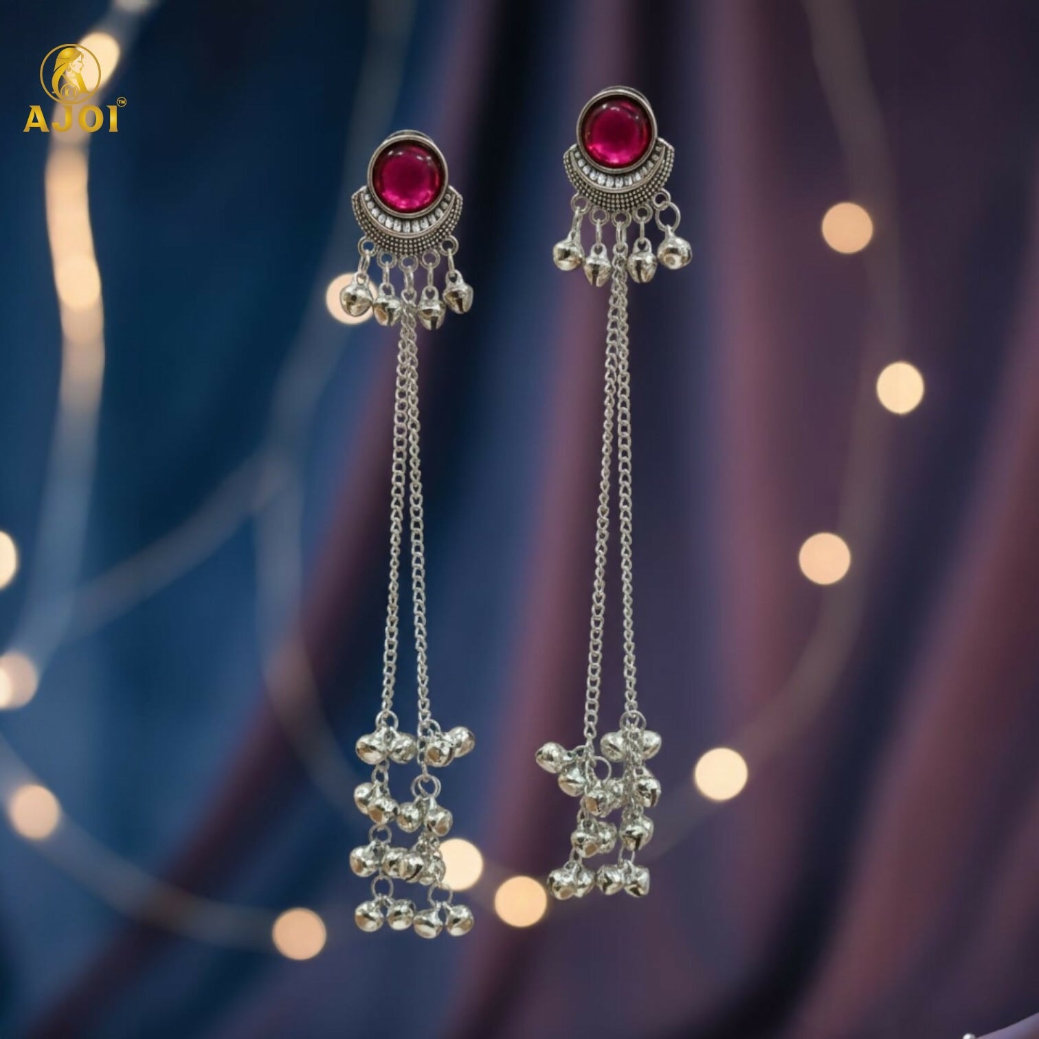 Ethnic Round Design Silver Plated Long Earrings with Ghungroo Drops