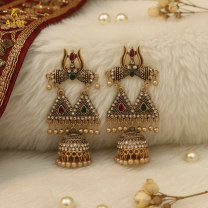 Traditional Shiv Trishul Design Antique Gold Jhumka Earrings with Stone Work