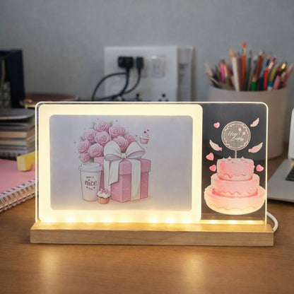 LED birthday photo frame lamp with wooden base showing gift and cake illustrations