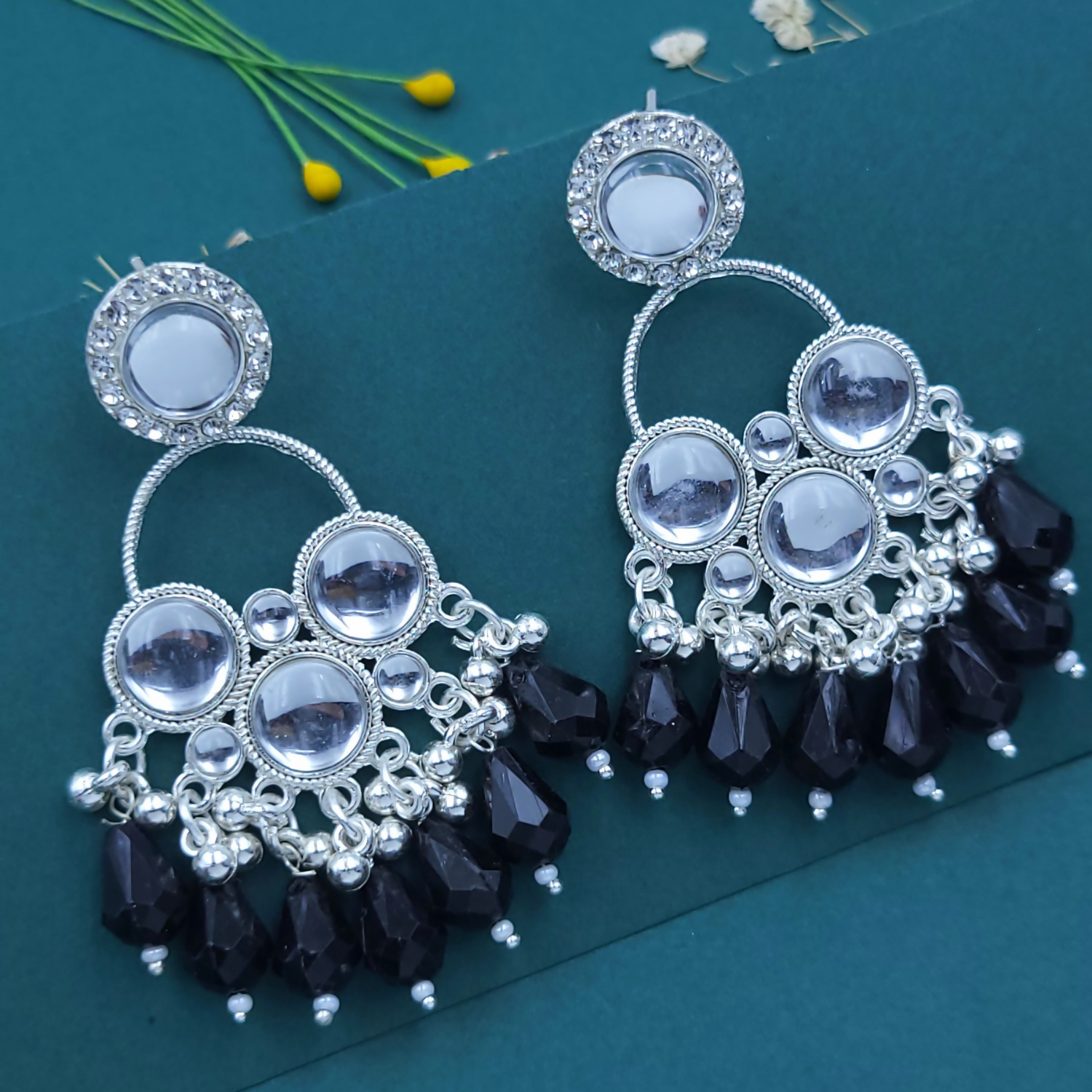 Kundan Black Pearl Silver Plated Chandbali Earrings Agate Alloy Chandbali Earring