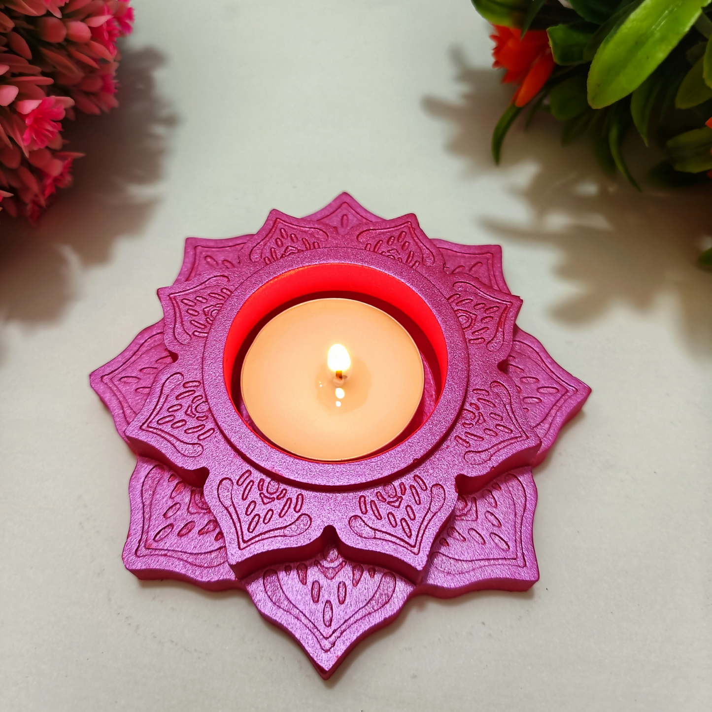 Handmade Lotus Diya – Metallic Pink Tealight Holder | Traditional Candle Holder for Diwali, Pooja, Meditation & Home Décor | Festival Gift Item