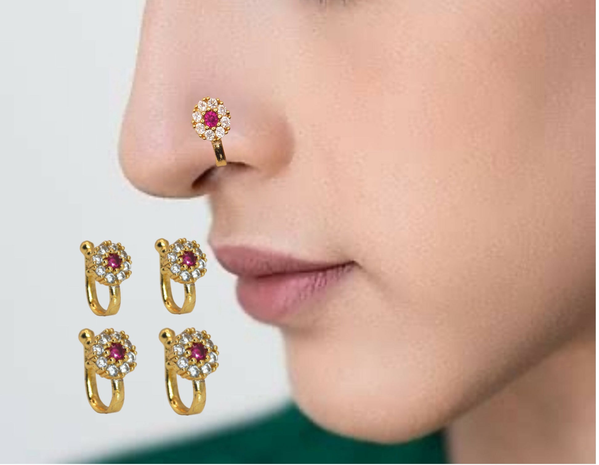 Gold Plated Ruby Floral Nose Clip On Ring (4-Pack)