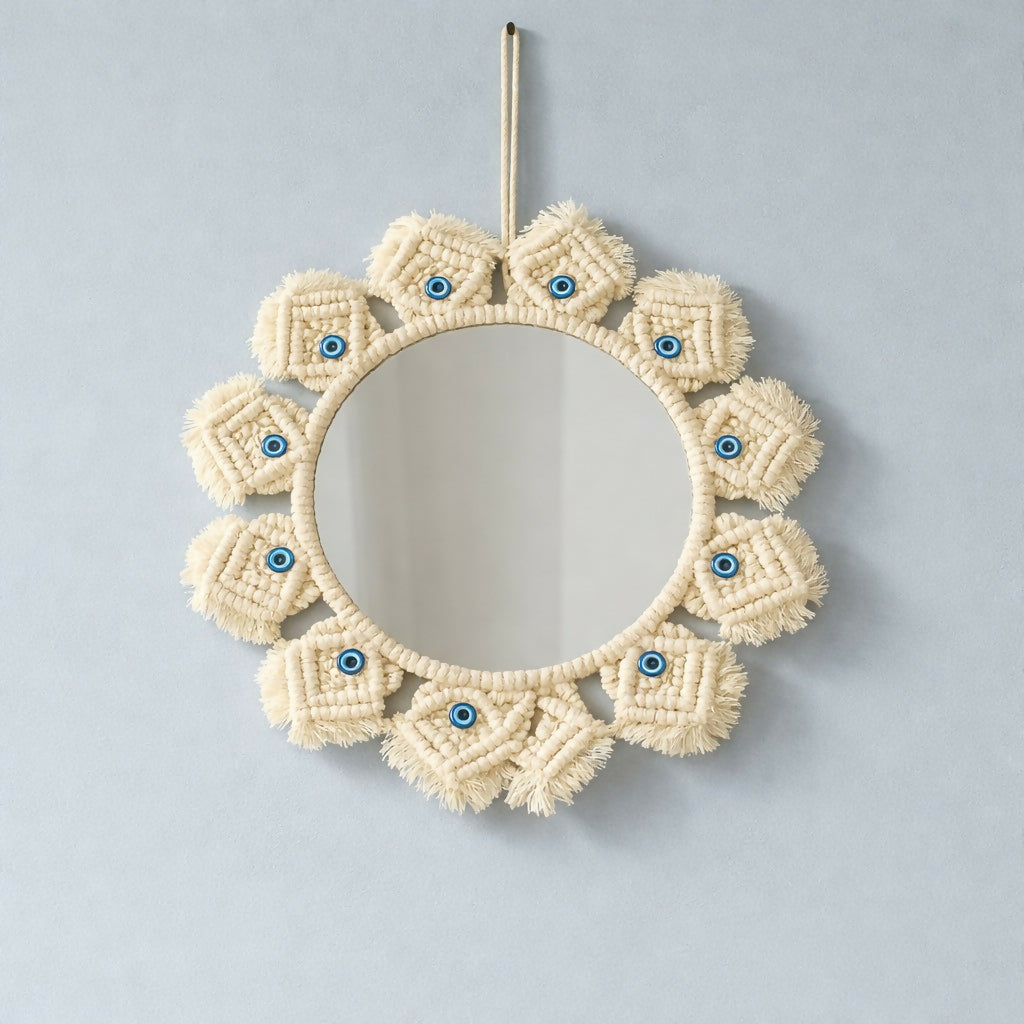 Bohemian style macrame mirror hanging on interior wall