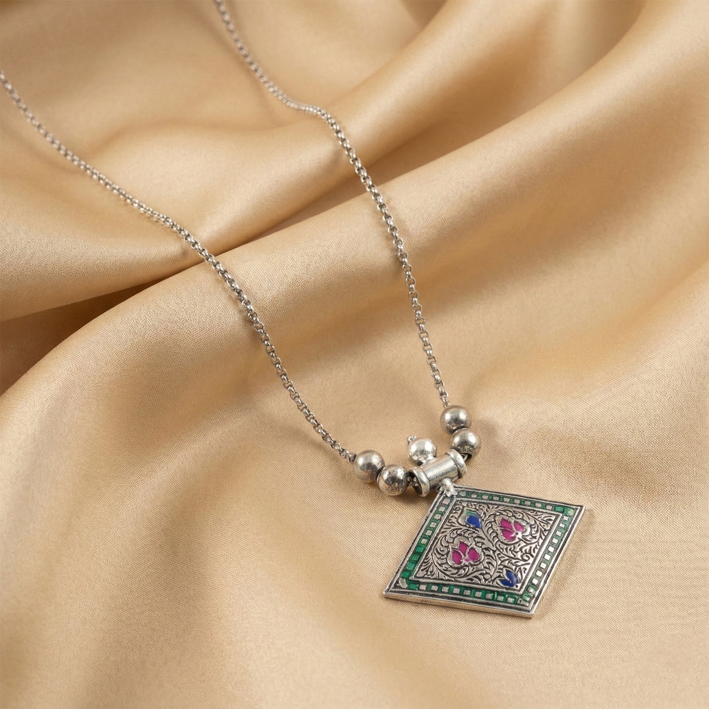 Traditional Square Motif Oxidised Silver Finish Pendant Necklace (1 Pc)