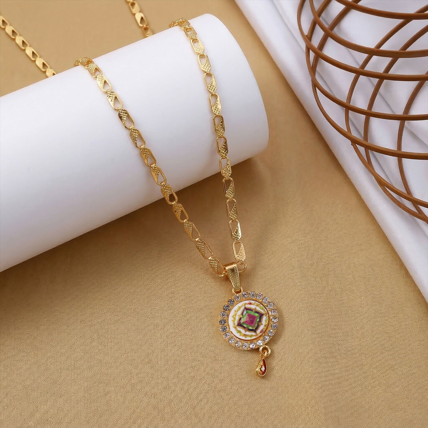Gold Pendant Necklace with Colorful Mandala & Stone Border