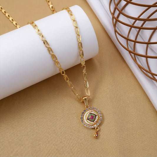 Gold Pendant Necklace with Colorful Mandala & Stone Border